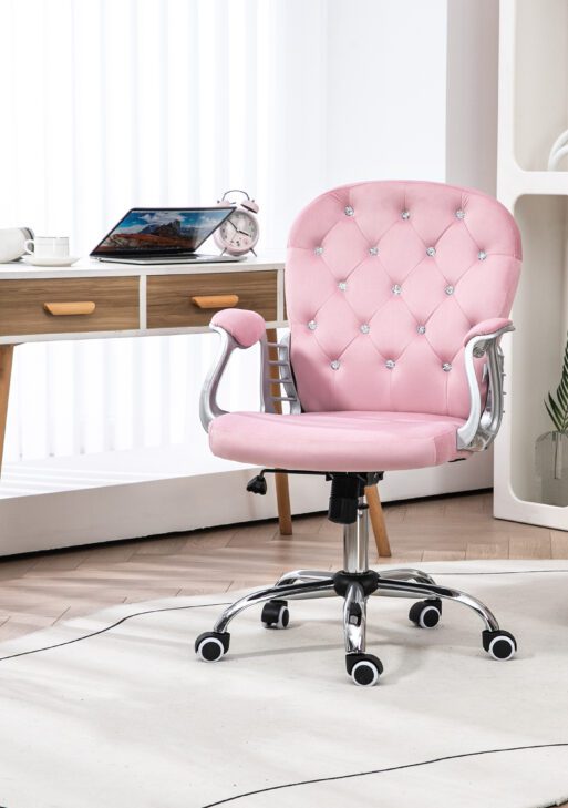 Button Tufted Desk Chair, Home Office Chair with Padded Armrests, Adjustable Height and Swivel Wheels, Pink
