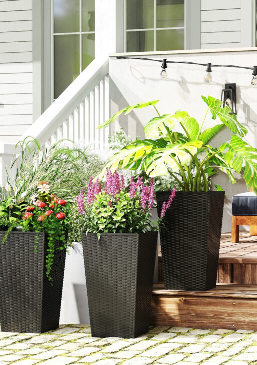 Tall Planters for Outdoor Plants Set of 3, 24 In Taper Planters with Drainage Holes, Rattan Decor Plant Pots for Indoor Outdoor Front Porch Patio Backyard, Black