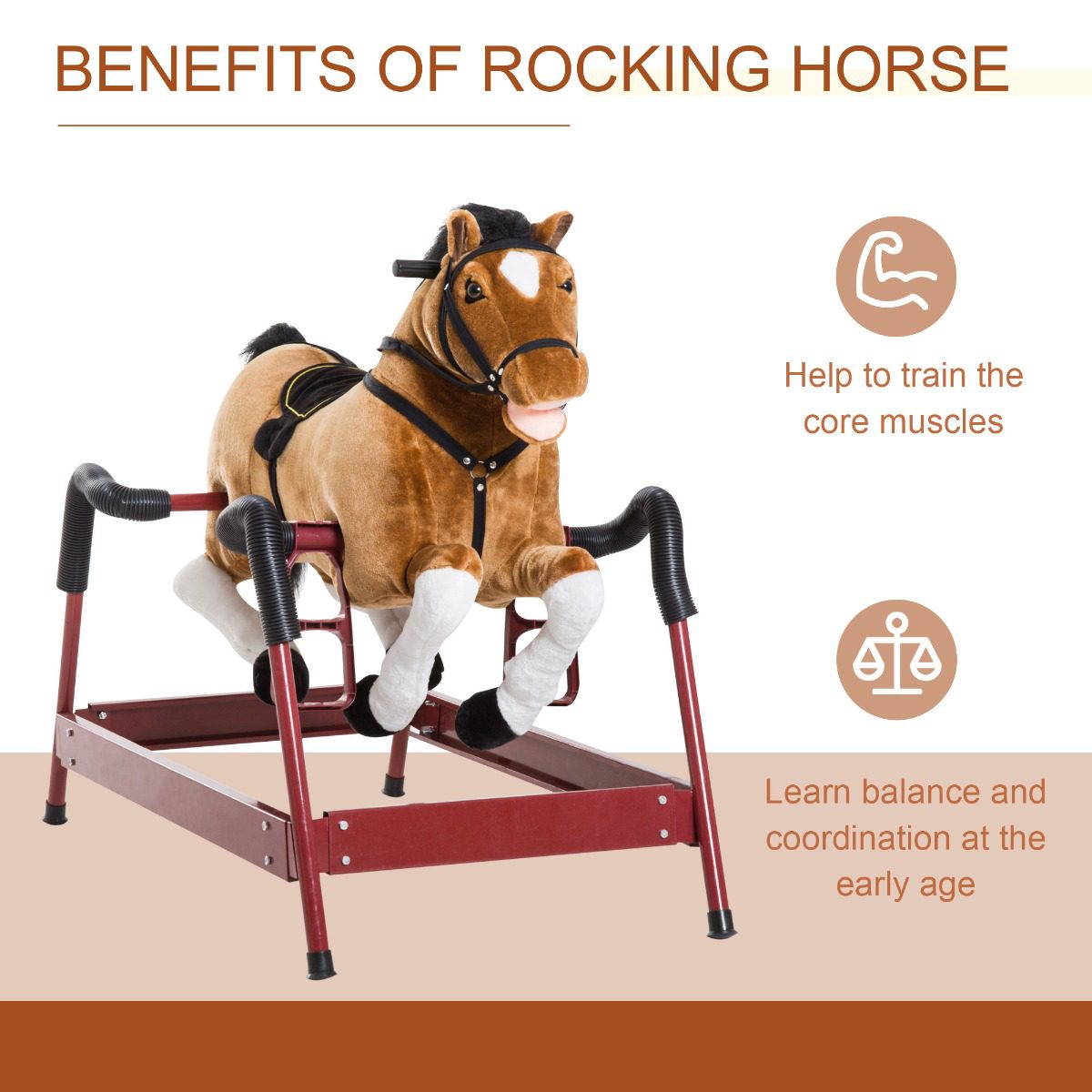 Durable Kids Plush Spring Rocking Horse, Ride On Rocking Horse with Realistic Sounds, Brown - Image 2