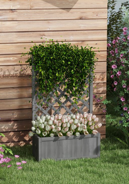 46" Wooden Planter with Trellis, Raised Garden Bed to Grow Vegetables, Herbs, Flowers for Backyard, Patio, Gray