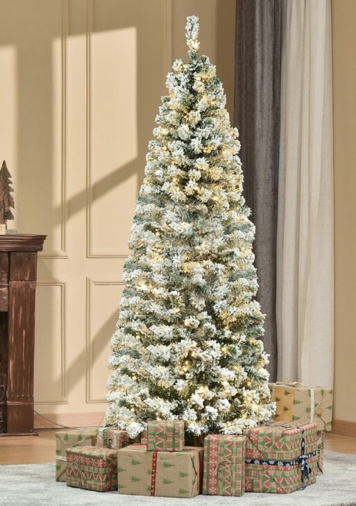 6ft Pre-Lit Snow-Flocked Slim Douglas Fir Artificial Christmas Tree with Realistic Branches, 250 LED Lights and 462 Tips