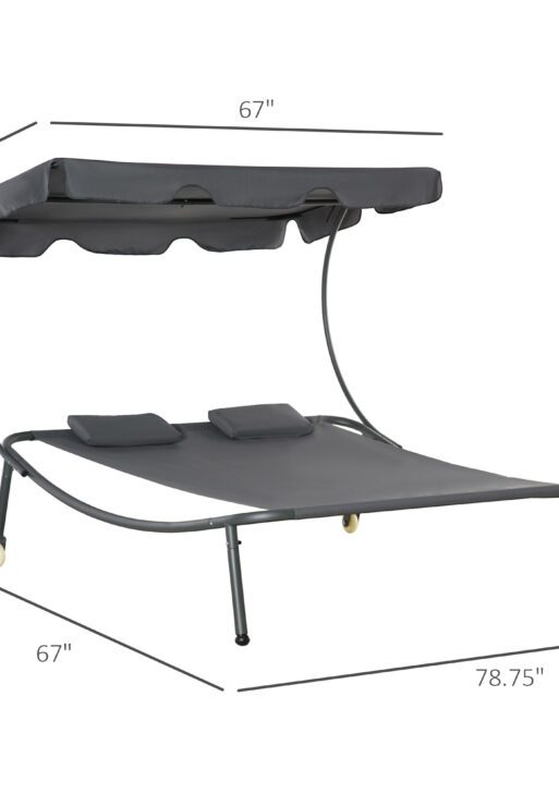Patio Double Chaise Lounge Chair, Outdoor Wheeled Hammock Daybed with Adjustable Canopy and Pillow for Sun Room, Garden, or Poolside, Grey