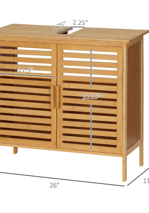 Freestanding Bathroom Sink Cabinet, Bamboo Under Sink Cabinet Cupboard Organizer with 2 Slatted Doors, Natural