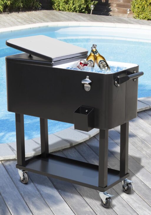 80 QT Rolling Cooling Bins Ice Chest on Wheels Outdoor Stand Up Drink Cooler Cart for Party, Black
