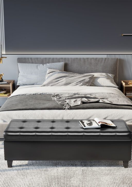 51" Ottoman Storage Bench, Faux Leather Storage Chest with Lift Top, Tufted Ottoman for Living Room, Entryway, Black