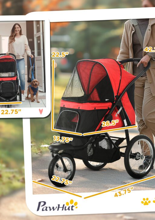 3 Wheels Pet Stroller for Small Dogs and Medium Dogs with Adjustable Canopy, Safety Tether, Storage Basket, Red
