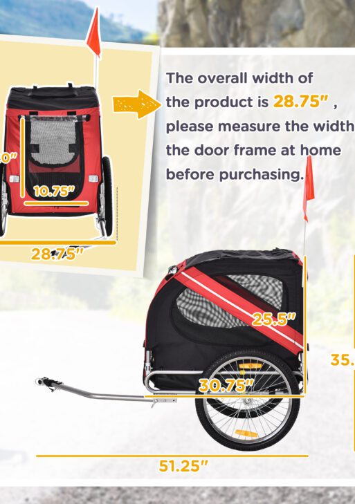Dog Bike Trailer, Pet Wagon Bicycle Trailer with Easy Folding Cart Frame, 20" Large Rubber Wheels, 3 Entrances, Mesh Screen, Pet Bike Trailer for Off-Road & Travel, Red and Black