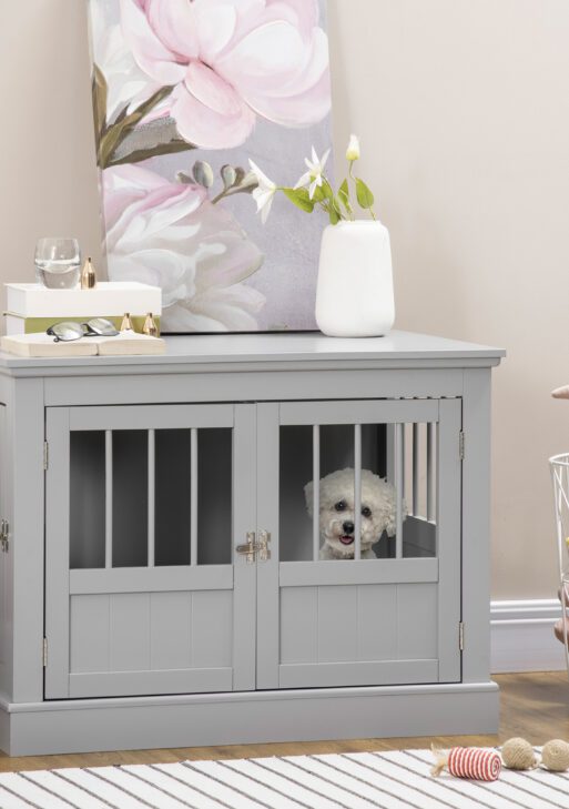 Wooden Dog Crate End Table, Dog Crate Furniture with Triple Doors, Puppy Crate for Small Dogs Indoor Use, Dark Gray