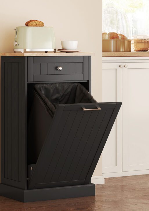 Kitchen Tilt Out Trash Bin Cabinet Free Standing Recycling Cabinet Trash Can Holder With Drawer, Black