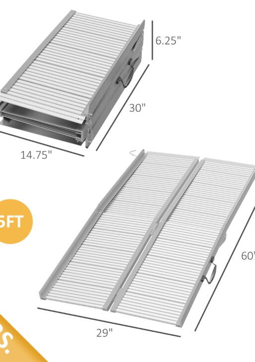 5' Foldable Handicap Ramp for Home, Steps, Doorways, Aluminum Portable Wheelchair Ramp, Textured Threshold Ramp, Silver