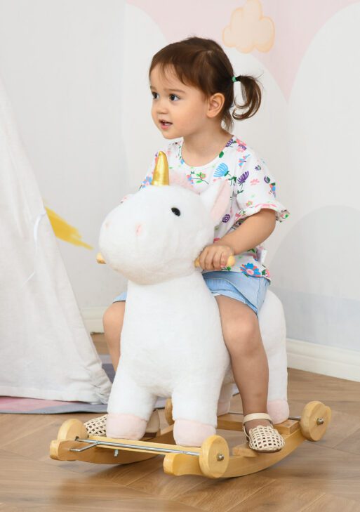 2 in 1 Kids Rocking Horse, Rolling Unicorn with Sound, Wooden Base, Pedal, Grip Handle, for 3-6 Years Old, White