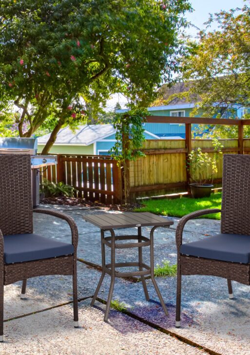 Stackable PE Rattan Outdoor Dining Chairs with Cushion, Patio Wicker Dining Chair with Armrests & Backrest, Blue