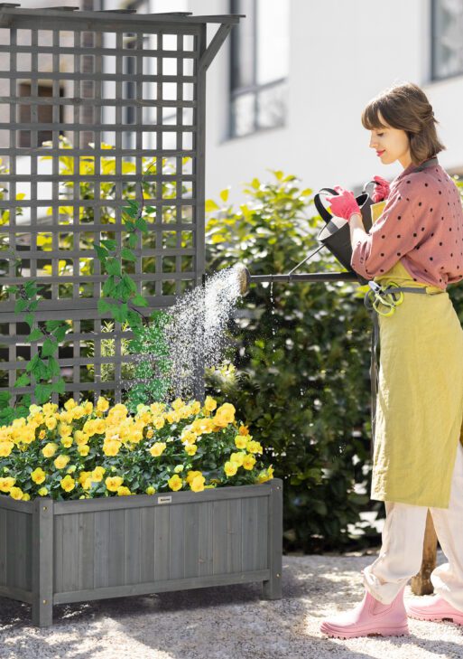Wood Planter with Trellis for Vine Climbing, Raised Garden Bed, Privacy Screen for Backyard, Patio, Dark Gray