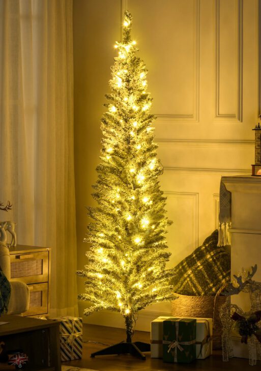 6ft Pencil Christmas Tree, Slim Artificial Christmas Tree with Realistic Branches and Warm White LED Lights, Green