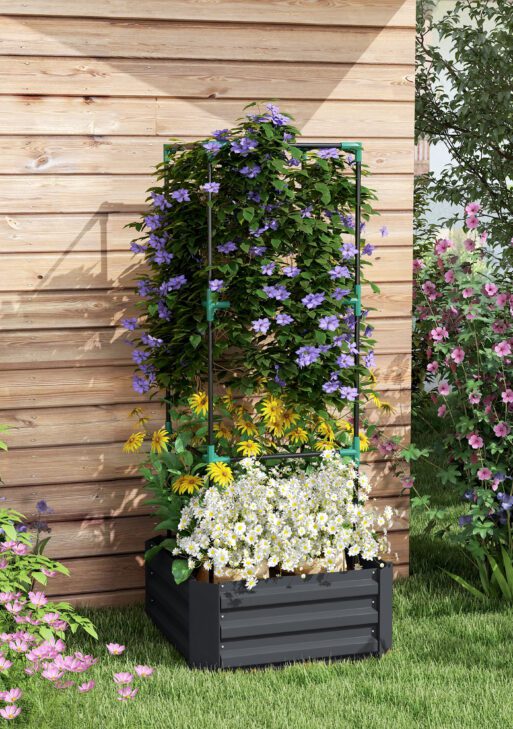 Galvanized Planter Box, 24" x 24" x 55" Raised Garden Bed with Tomato Cage for Climbing Vines, Dark Gray