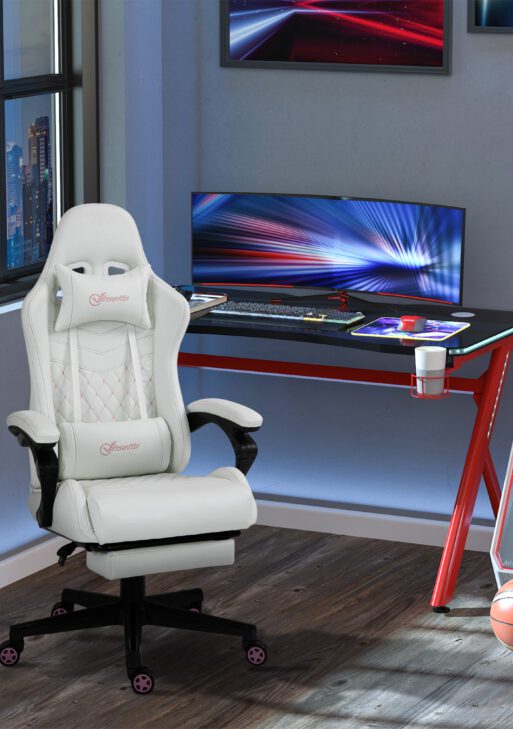 High Back PU Leather Gaming Chair, Racing Computer Chair with Swivel Wheels, Retractable Footrest, Headrest, Lumbar Support, and Armrest, White and Pink