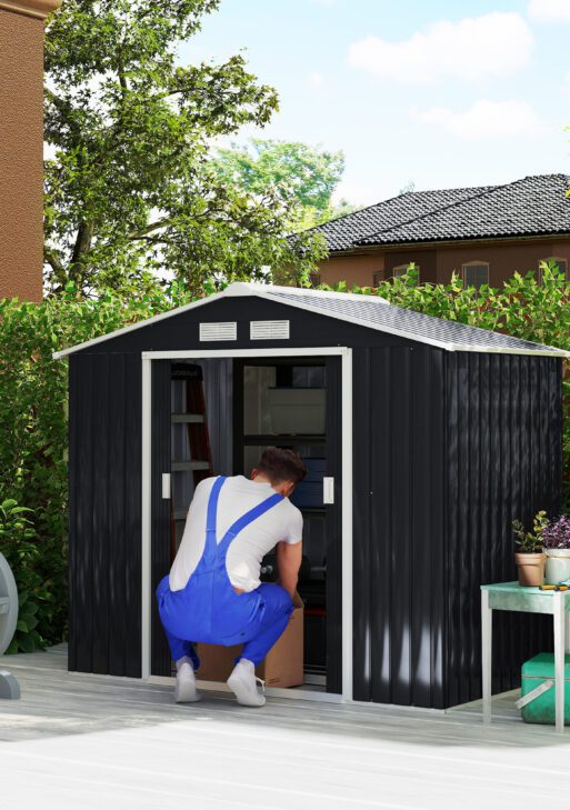 7'x4' Metal Outdoor Shed Organizer & Garden Storage with 4 Vents for Airflow & 2 Easy Sliding Doors - Dark Gray