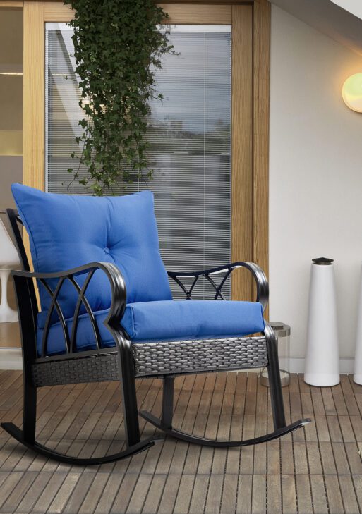Outdoor Wicker Rocking Chair with Padded Cushions, Aluminum Furniture Rattan Porch Rocker Chair w/ Armrest for Garden, Patio, and Backyard, Blue