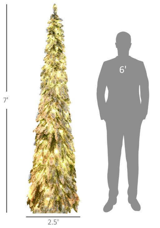 7' Artificial Slim Christmas Trees, with Snow Frosted Branches, Warm White or Colorful LED Lights, Downswept Shape