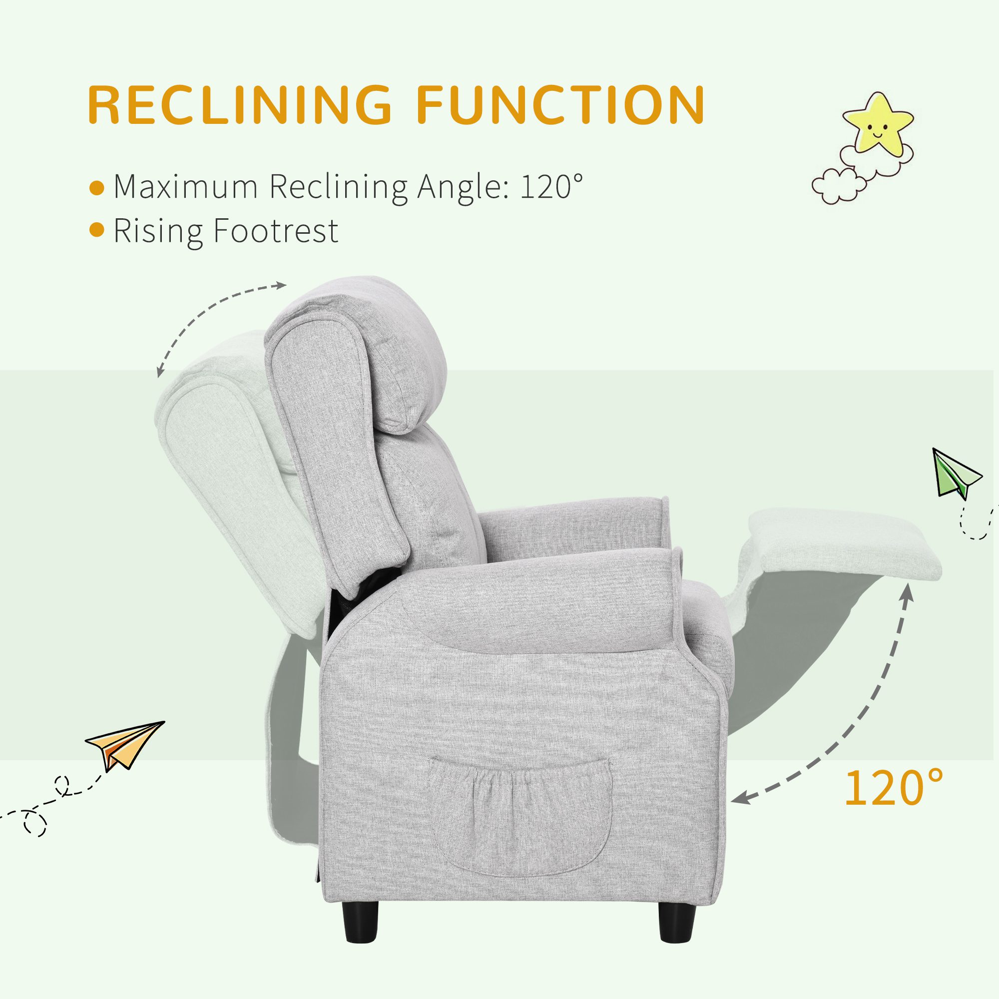 Kids Recliner Chair Children Sofa Angle Adjustable Single Lounger Armchair Gaming Chair with Footrest 2 Side Pockets for 3-5 Years, Light Grey - Image 3