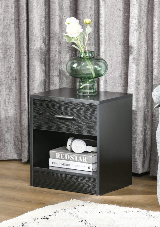 Modern Side Table with Drawer and Storage Shelf, End Table for Living Room, Black Wood Grain