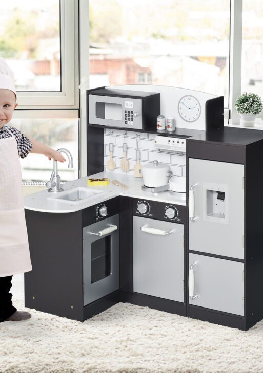 Corner Kids Kitchen Playset, Wooden Pretend Toy Kitchen Set with Drinking Fountain, Microwave, Fridge and Accessories, Pretend Play Kitchen for 3+ Years, Black