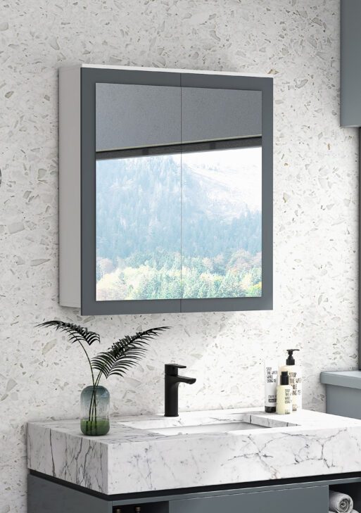 Bathroom Mirror Cabinet, Wall Mounted Medicine Cabinet with Mirror, Double Doors and Adjustable Shelves, White