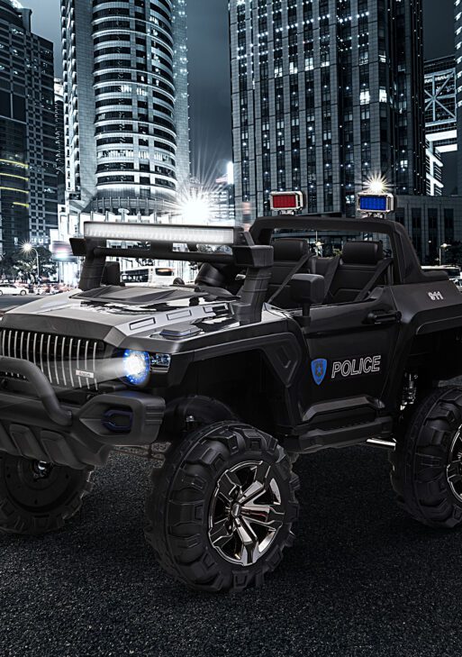 Kids Ride-On Car 12V RC 2-Seater Police Truck Electric Car For Kids with Full LED Lights, MP3, Parental Remote Control, Black