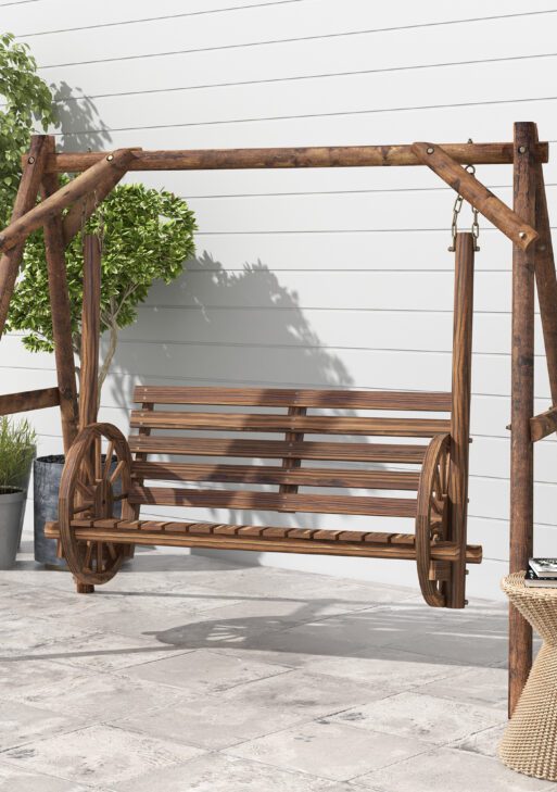 2-Seat Porch Swing with A-Frame Stand, Wooden Log Patio Swing Chair Bench with Wagon Wheel Armrests, Carbonized Brown