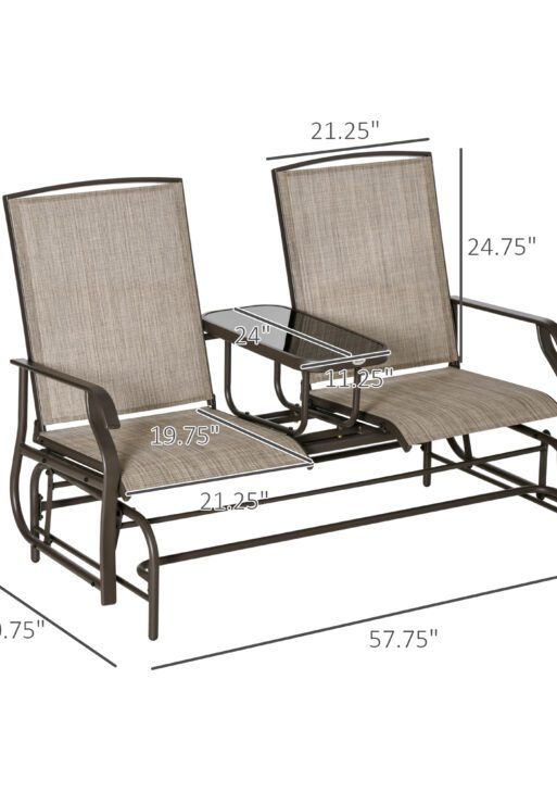 Outdoor Glider Bench with Center Table, Metal Frame Patio Loveseat with Breathable Mesh Fabric and Armrests for Backyard Garden Porch, Brown