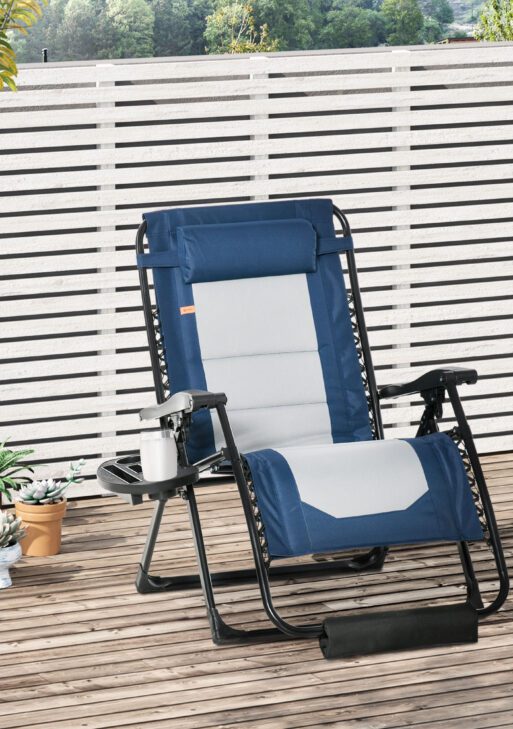 Foldable Outdoor Lounge Chair with Footrest, Oversized Padded Zero Gravity Lounge Chair with Headrest, Side Tray, Cup Holders, Armrests for Camping, Lawn, Garden, Blue