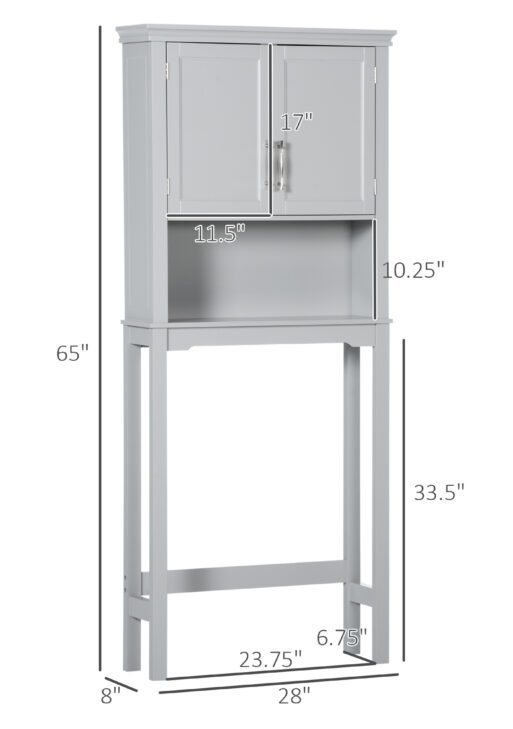 Modern Over The Toilet Storage Cabinet, Double Door Bathroom Organizer with Inner Adjustable Shelf and Open Shelf, Gray