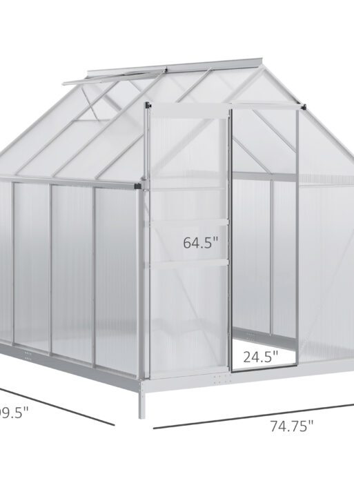 8' x 6' Aluminum Outdoor Greenhouse, Polycarbonate Walk-in Garden Greenhouse Kit with Adjustable Roof Vent, Rain Gutter and Sliding Door for Winter, Silver