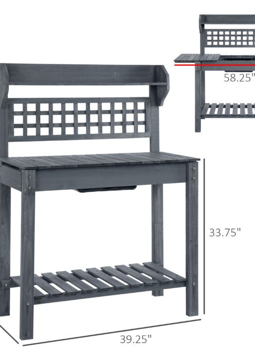 Outdoor Potting Bench Table, Wooden Workstation with Sliding Tabletop, Storage Shelf and Dry Sink, for Greenhouse, Garden, Patio, Gray