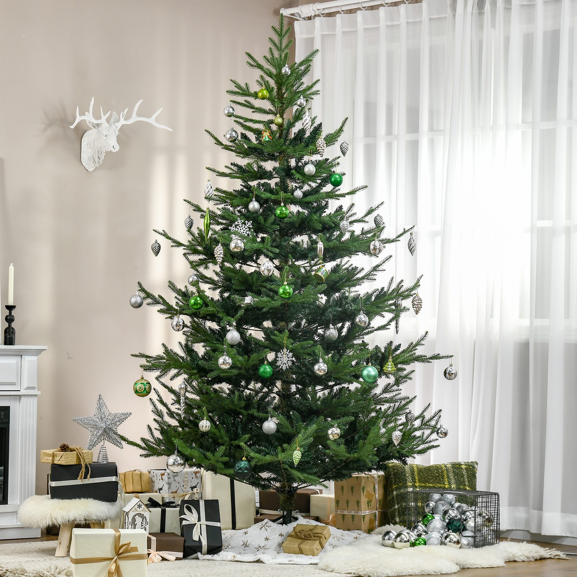7.5 Foot Artificial Christmas Tree, Nordic Pine Hinged Xmas Tree with 1218 Realistic Branches, Wide Steel Base, Auto Open, Green