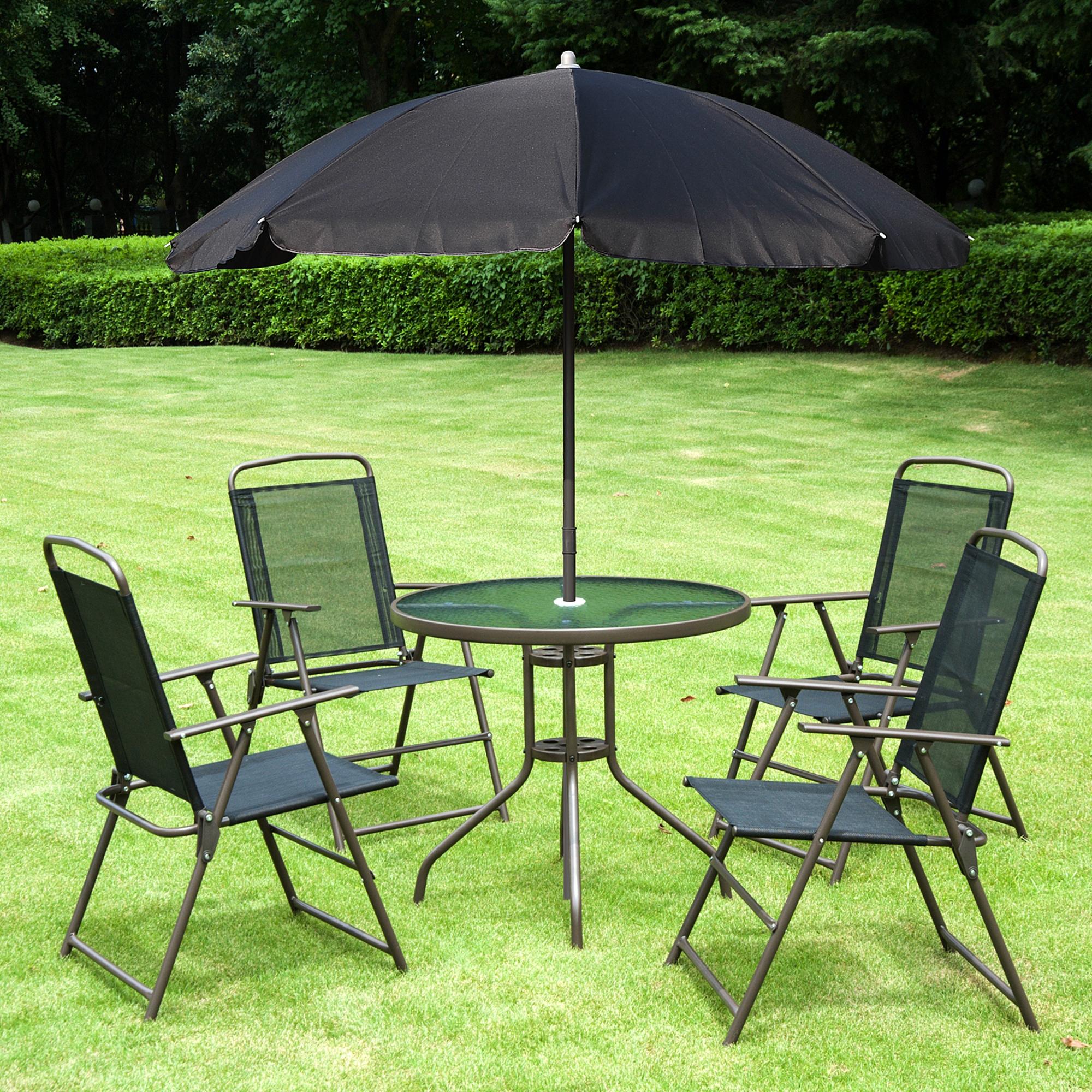 6 Piece Patio Dining Set for 4 with Umbrella, Outdoor Table and Chairs with 4 Folding Dining Chairs & Round Glass Table for Garden, Backyard and Poolside, Black