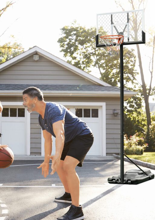 Portable Basketball Hoop, 5.2-10' Adjustable Height, Weight Base with Ball Holder, Basket Ball Stand on Wheels with 43" Backboard for Outdoor Junior Youth Adult Use, Black, White