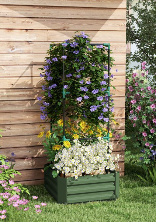 Galvanized Planter Box, 24" x 24" x 55" Raised Garden Bed with Tomato Cage for Climbing Vines, Green