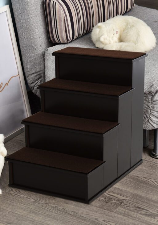 Pet Stairs, Small Pet Steps with Cushioned Removable Covering for Dogs and Cats Up To 22 lbs, Brown