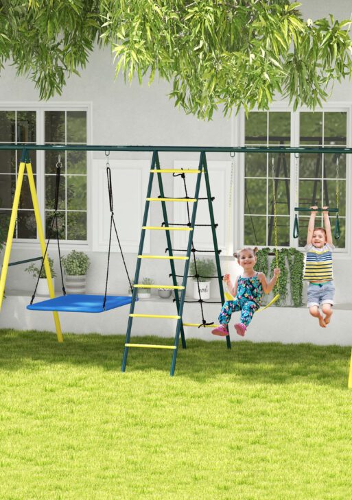 Metal Swing Set for Backyard 5 in 1 Design Holds up to 440 lbs. for Ages 3-8, Yellow