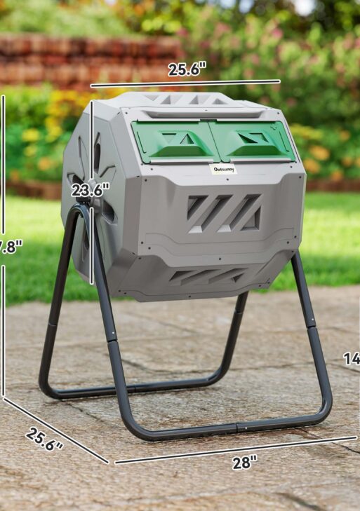 Tumbling Compost Bin Outdoor 360° Dual Chamber Rotating Composter 43 Gallon, Light Gray