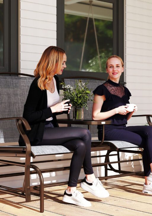 2-Seat Outdoor Glider Swing, Center Coffee Table and Independent Chairs, Supports Up to 352 lbs., Loveseat with Breathable Sling for Backyard, Garden, and Porch, Brown