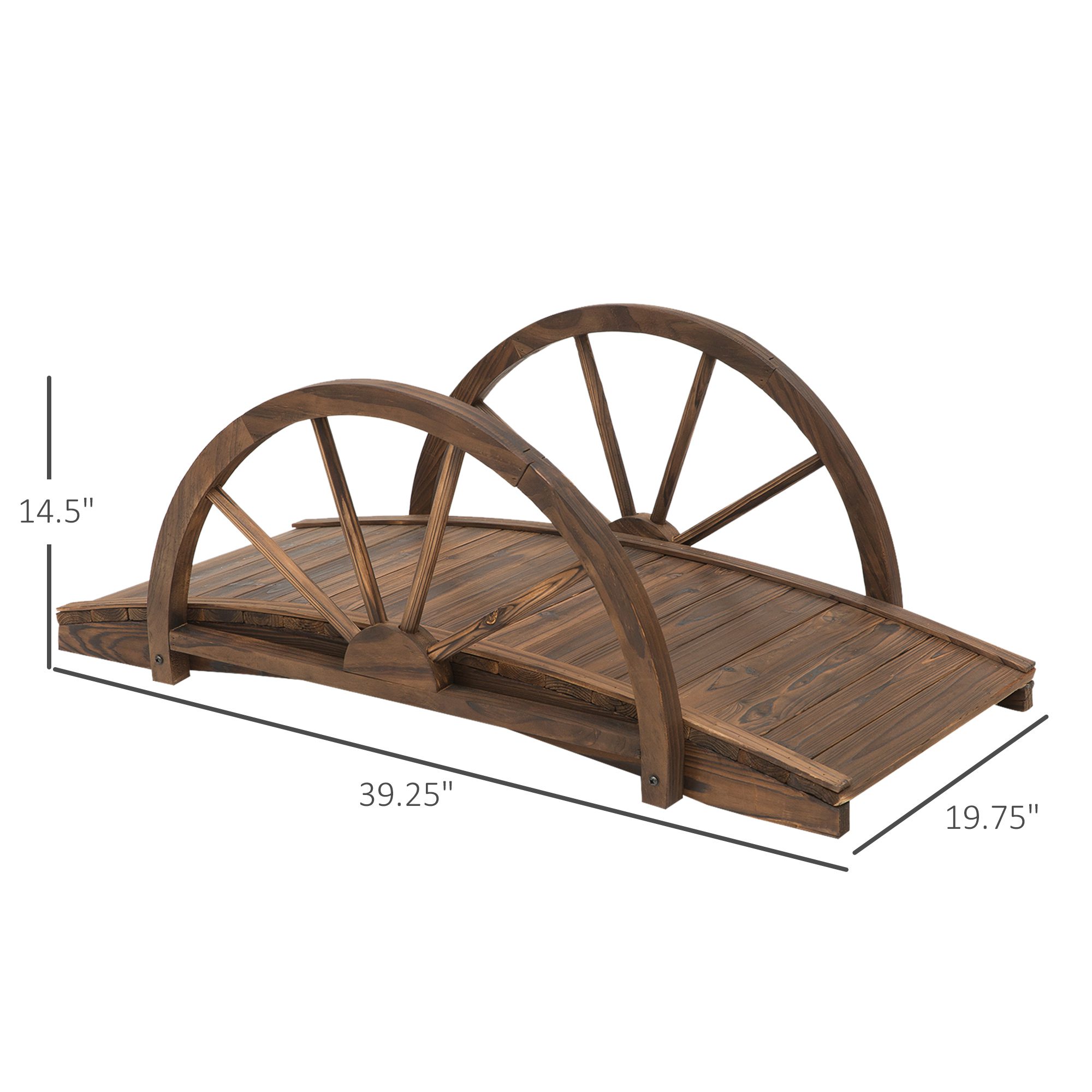 3.3ft Wooden Garden Bridge Arc Footbridge with Half-Wheel Style Railings & Solid Fir Construction, Stained Wood - Image 1
