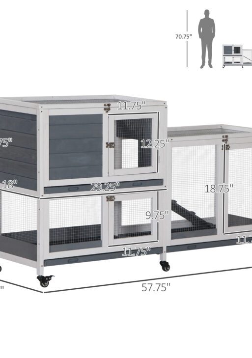 Wooden Rabbit Hutch Bunny Hutch Elevated Pet House Cage Small Animal Habitat with No Leak Tray Lockable Door Openable Top for Rabbits, Chickens, Ducks, Indoor 57.75" x 18" x 32.5" Gray