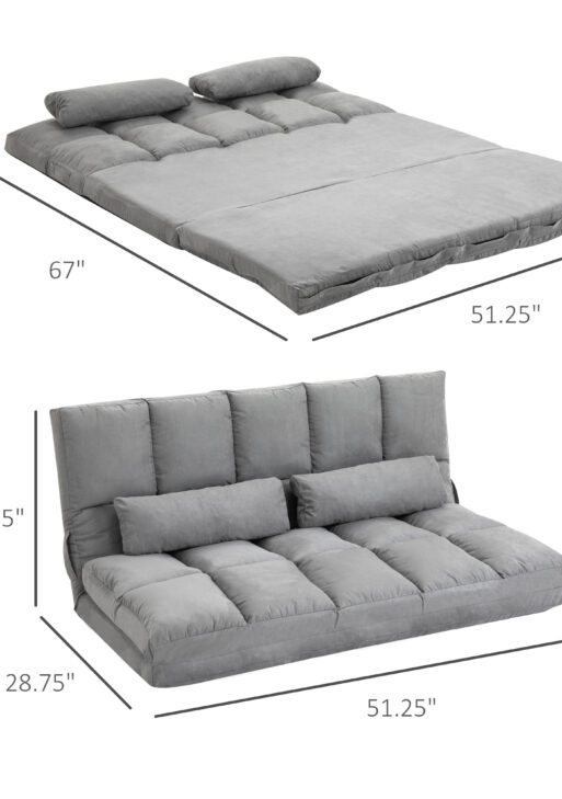 Convertible Floor Sofa Chair, Folding Couch Bed, Guest Chaise Lounge with 2 Pillows, Adjustable Backrest and Headrest, 51.25" L, Light Gray