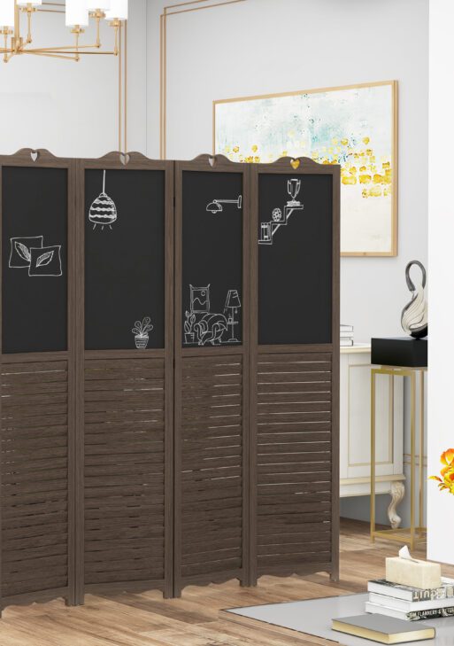 Wooden Room Divider with Blackboard, 4 Panel Folding Privacy Screen for Home Office, 5.5', Walnut Brown