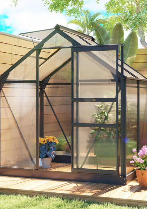 Polycarbonate Greenhouse, Heavy Duty Outdoor Aluminum Walk-in Green House Kit Vent Door, 6.2'x4.3'x6.6' Gray