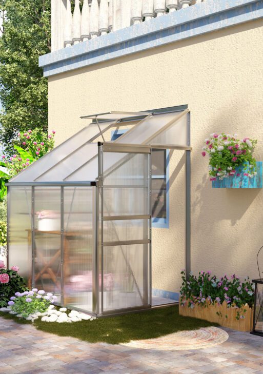 6' x 4' Aluminum Lean-to Greenhouse Polycarbonate Walk-in Garden Greenhouse with Adjustable Roof Vent, Rain Gutter and Sliding Door for Winter, Clear