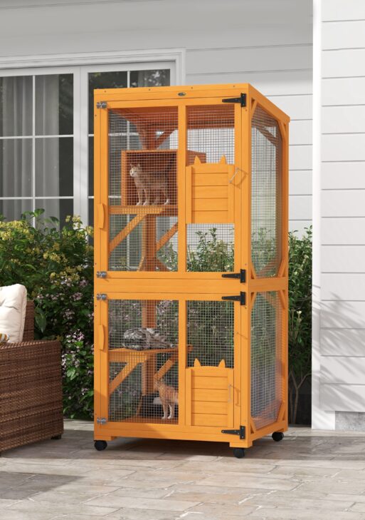 Large Cat House for 1-3 Cats on Wheels Wooden Catio Enclosure Orange