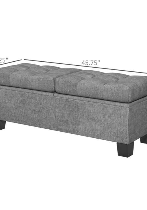 46" Storage Ottoman Bench, Upholstered End of Bed Bench with Steel Frame, Button Tufted Storage Bench with Safety Hinges for Living Room, Entryway, Bedroom, Gray
